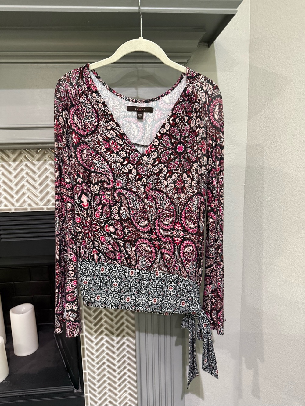 Fever Pink and Black Paisley V-Neck Wrap Long-Sleeve Top